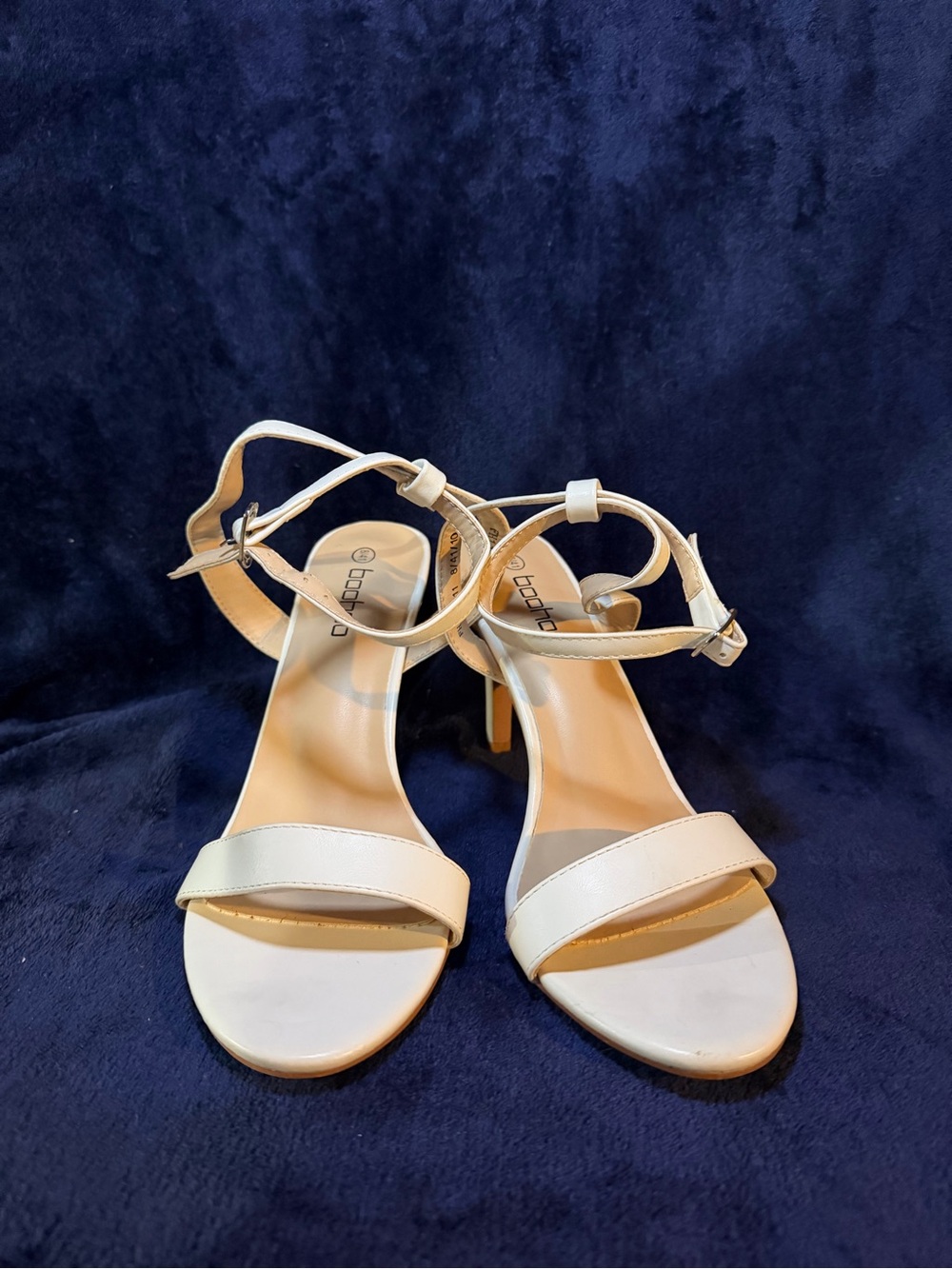 bebe White Strappy Ankle-Heel Sandals